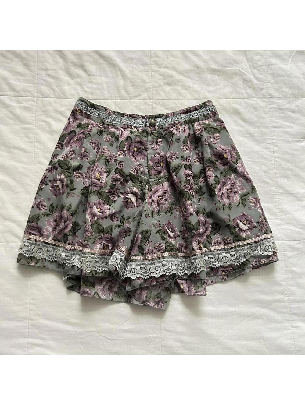 Y2K Axes Femme Green Gray Pink Floral Lace Trim Skort Sweet Lolita M Japan